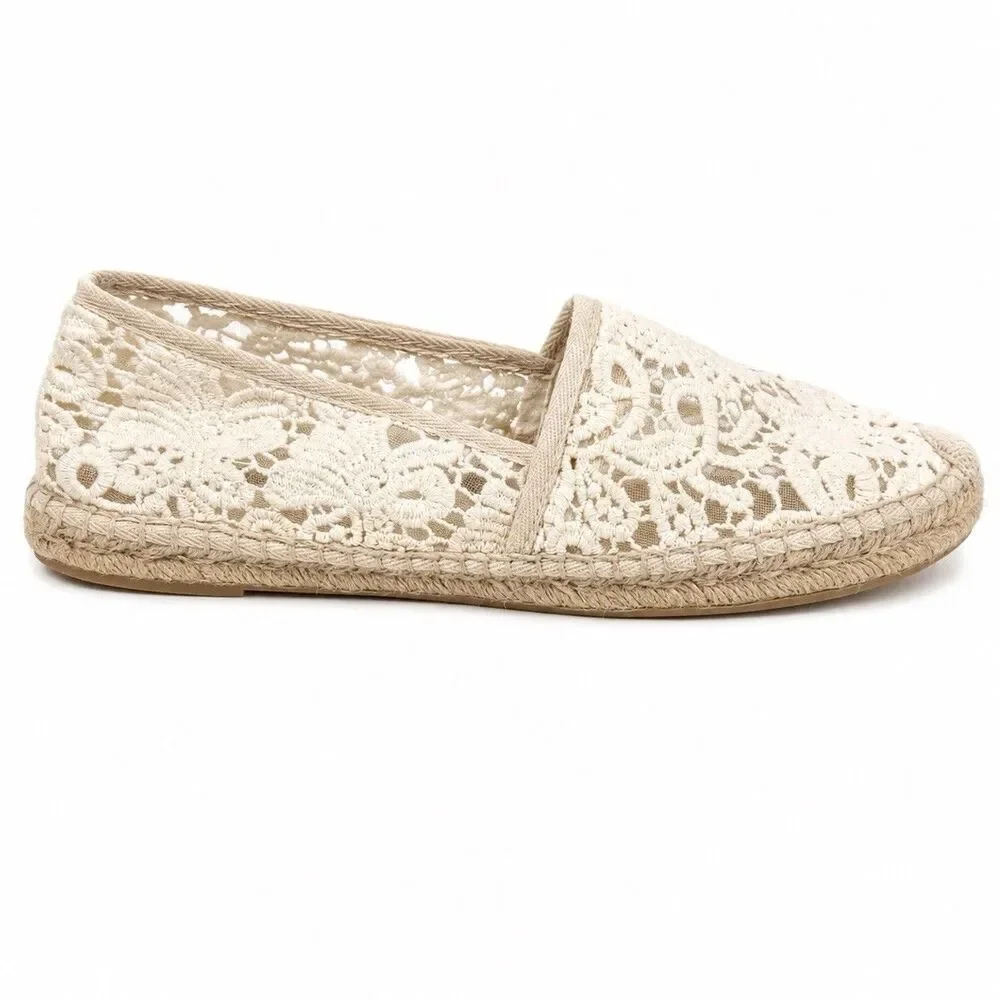 Tory Burch Crochet Lace Espadrilles Women 10.5 Ivory Boho Coastal Cottage Flats